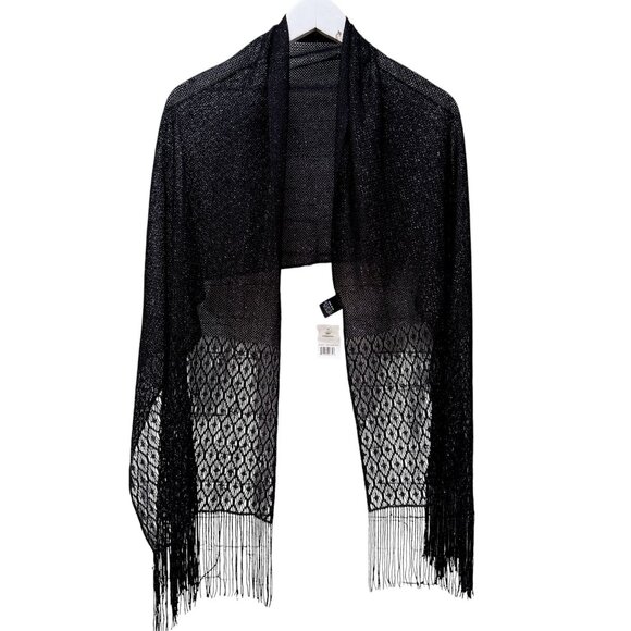 Cejon Scarf Black Silver Shawl Fringe Sheer Sparkle Evening Wrap NWT - Picture 2 of 10